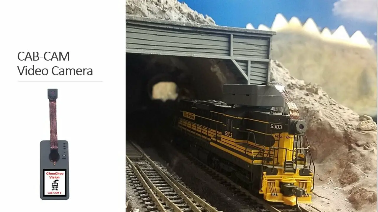 Cab-Cam Video Camera mounted on the top of a locomotive to give an engineer's viewpoint of this model railroad layout.